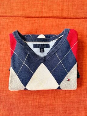 Men’s Tommy Hilfiger Navy, Red & Cream Argyle V-Neck Sweater